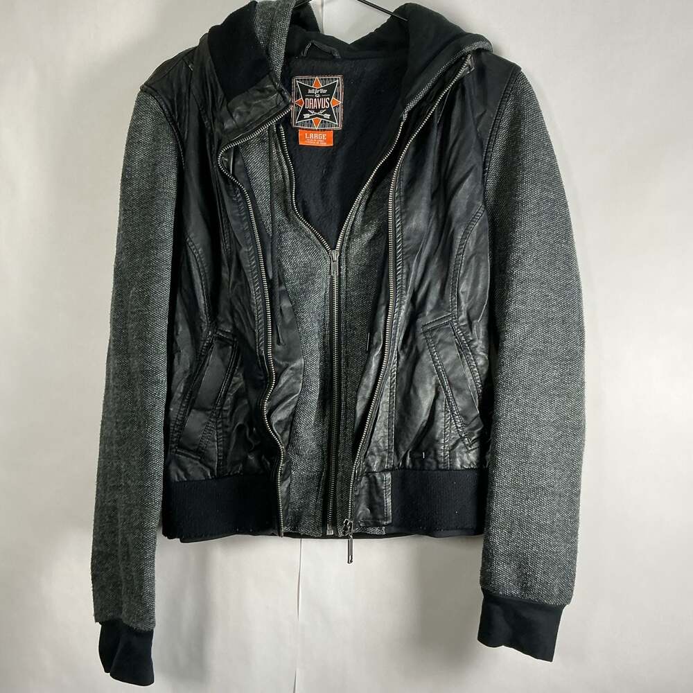 Dravus Faux Leather Knit Sleeve Bomber Jacket Moto Hoodie Large